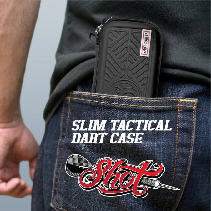 Slim tactical blue darts case in jeans pocket, showing compact portable dart storage for players on the go