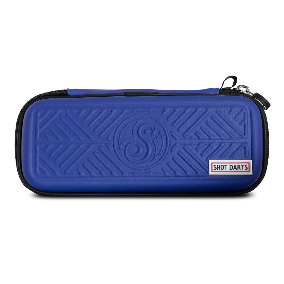 slim blue darts case with embossed geometric design, zipper closure, and protective foam structure, full product view on white background