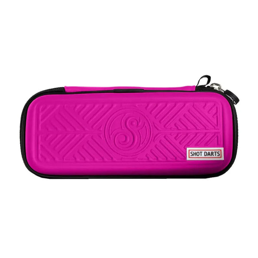 Slim pink darts case with zipper, textured grip design, isolated on white background for dart storage and protection