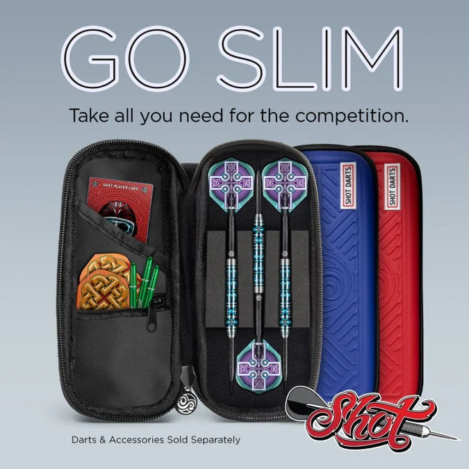 Open and closed slim red dart cases with three assembled darts in foam slots, accessory pockets, and visible dart flights for players