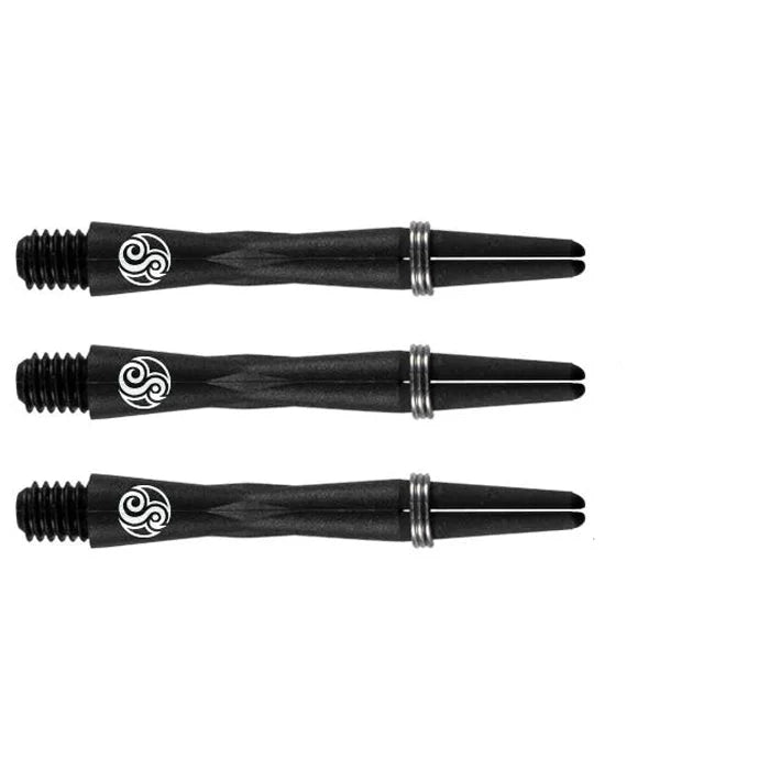 Set of three black carbon dart shafts with silver rings, aligned side by side on white background for darts equipment