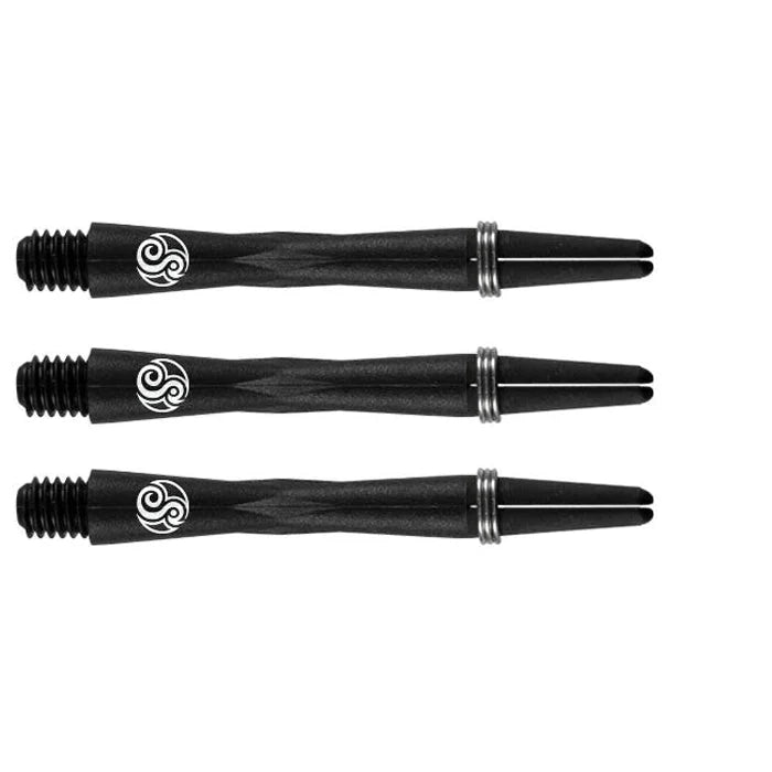 Three black carbon dart shafts side view on white background, showing flight slots, thread detail, and silver rings
