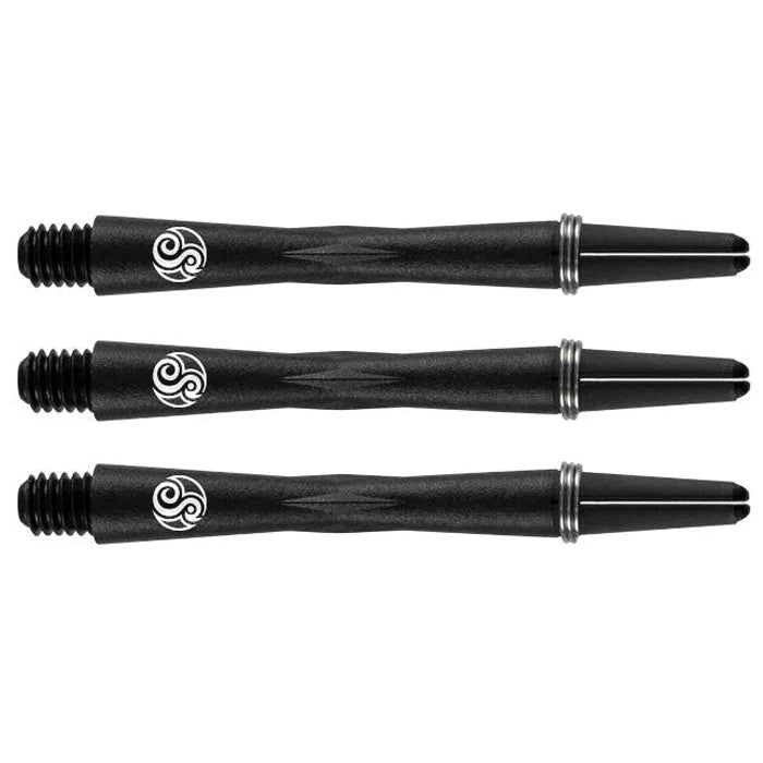 Three carbon dart shafts with textured grips, threaded ends, and silver rings arranged side by side on white background