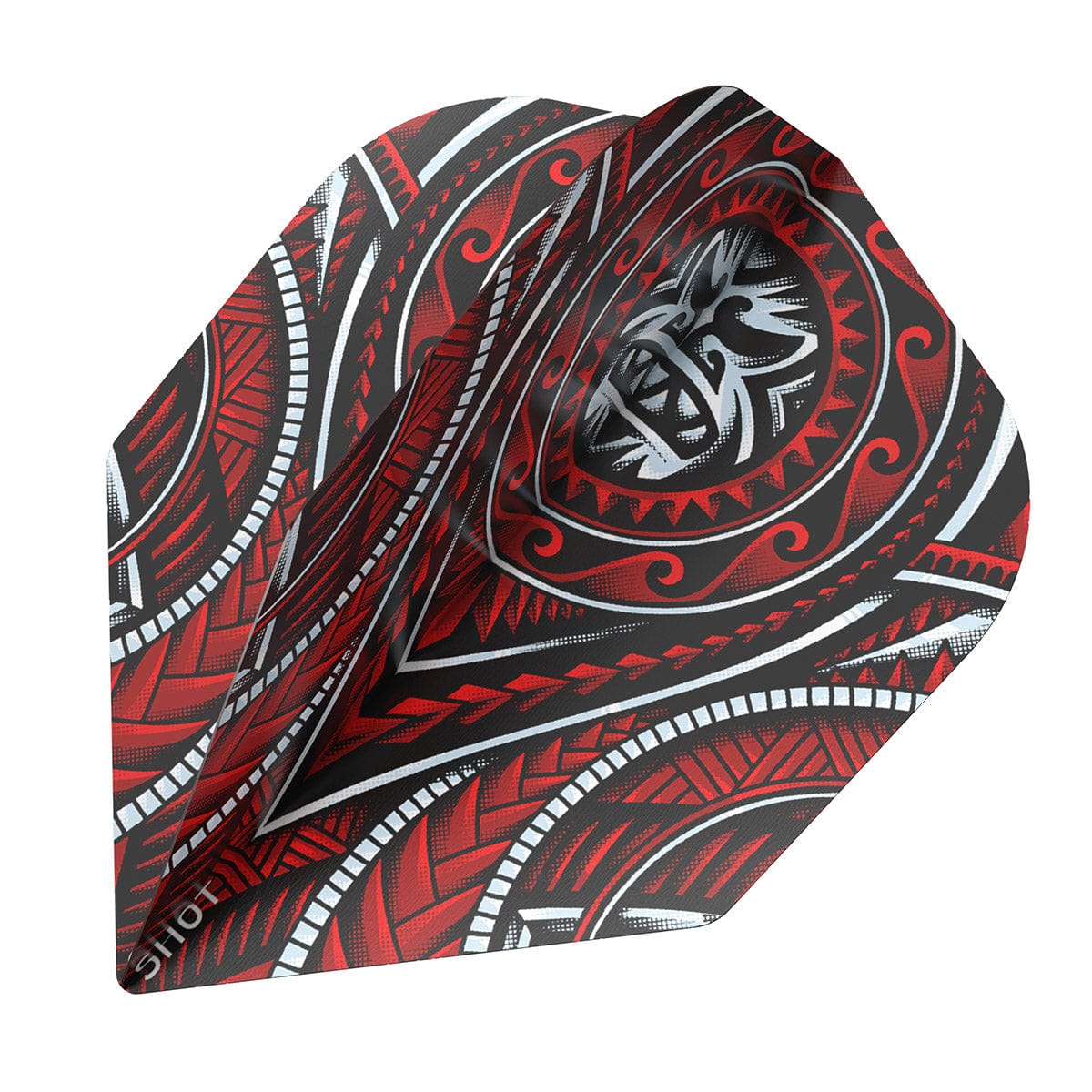 Close-up of a single dart flight with bold tribal red, black, and white pattern, highlighting graphic texture and flight shape