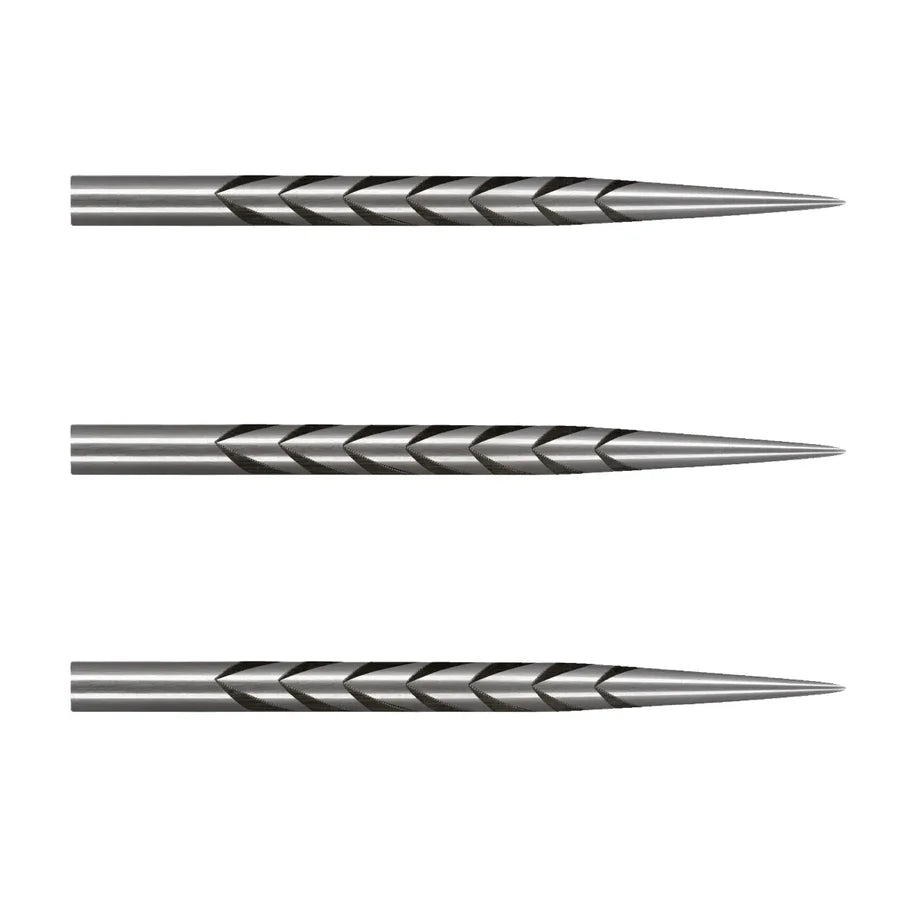 Close-up side view of three steel dart points with precision cinder grip engraving, isolated on white background