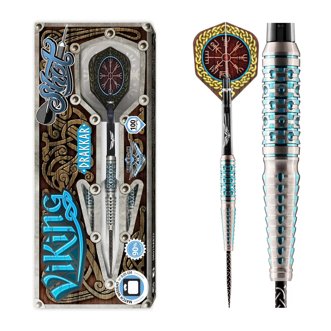 Viking Drakkar 90% tungsten darts in retail packaging with close-up of textured barrel and Norse-themed flights for steel tip dartboard