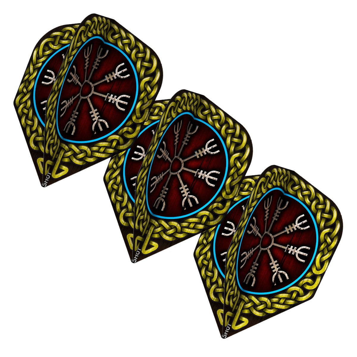Angled view of three Viking Drakkar No.6 dart flights with Norse knotwork and red shield pattern, isolated on white background