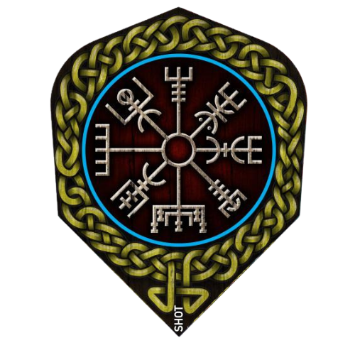 Viking Drakkar No.6 dart flight full view with Norse rune design and green knotwork, isolated on white for darts accessories