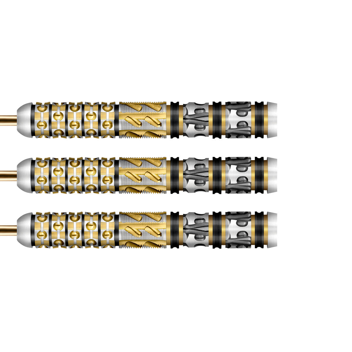 Three 95% tungsten dart barrels side by side on white background, highlighting precision grip, gold and black detailing, etched Viking patterns