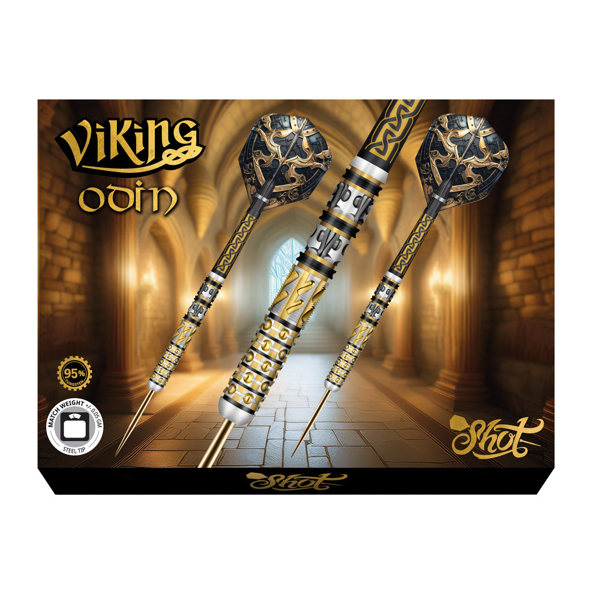 Viking Odin 95 percent tungsten darts in steel tip, full set displayed on decorative packaging with gold Norse-themed detailing