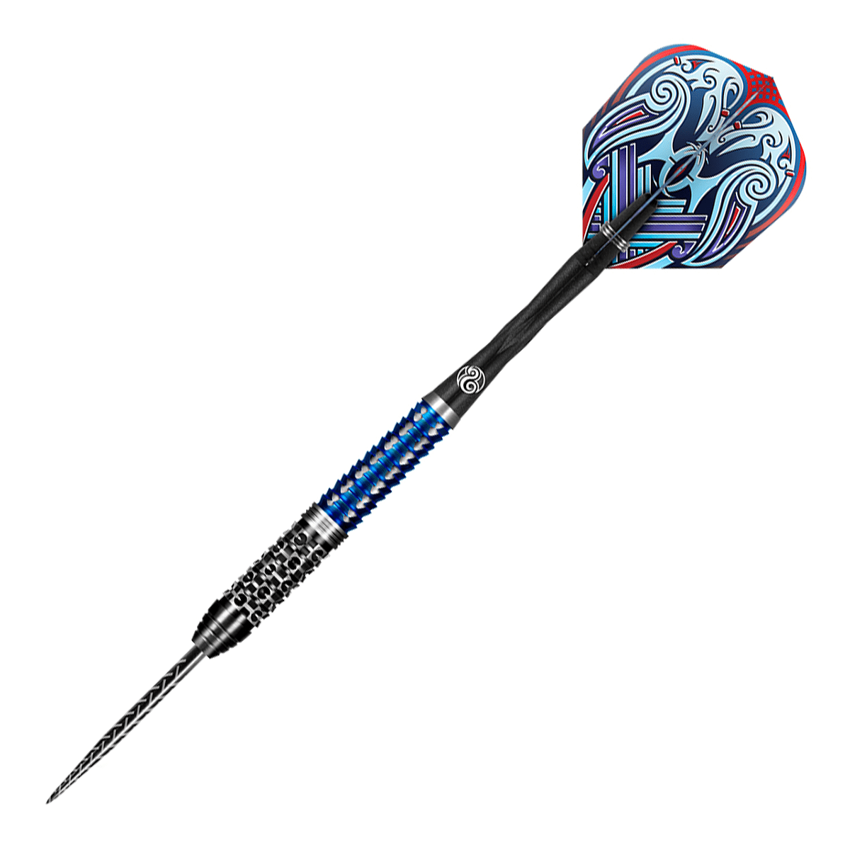 Angled view of tungsten dart with textured blue barrel, patterned steel tip, and Viking-themed flight on white background