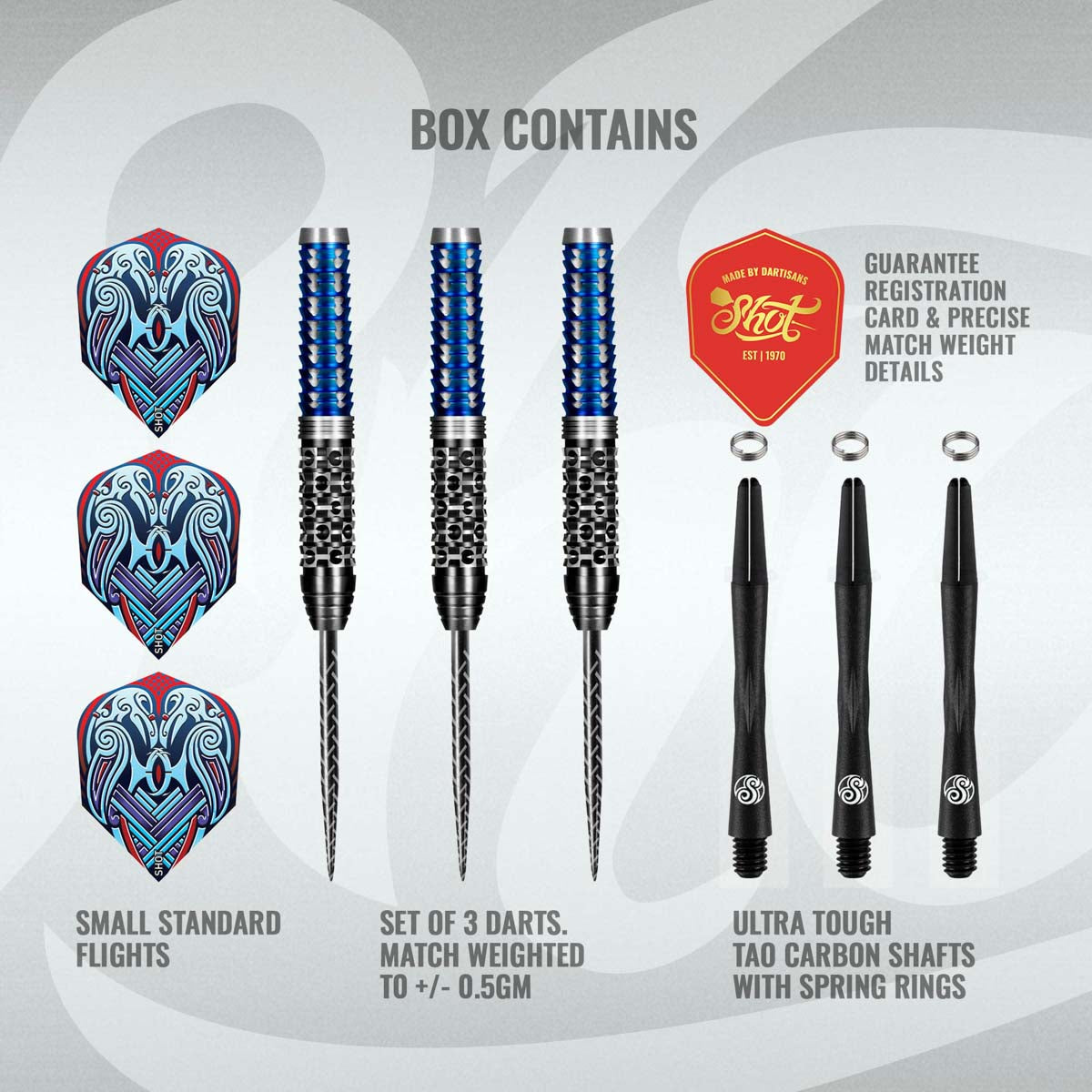 Top-down view of Viking Raven steel tip darts set with barrel grip texture, flights, carbon shafts, spring rings, and guarantee card