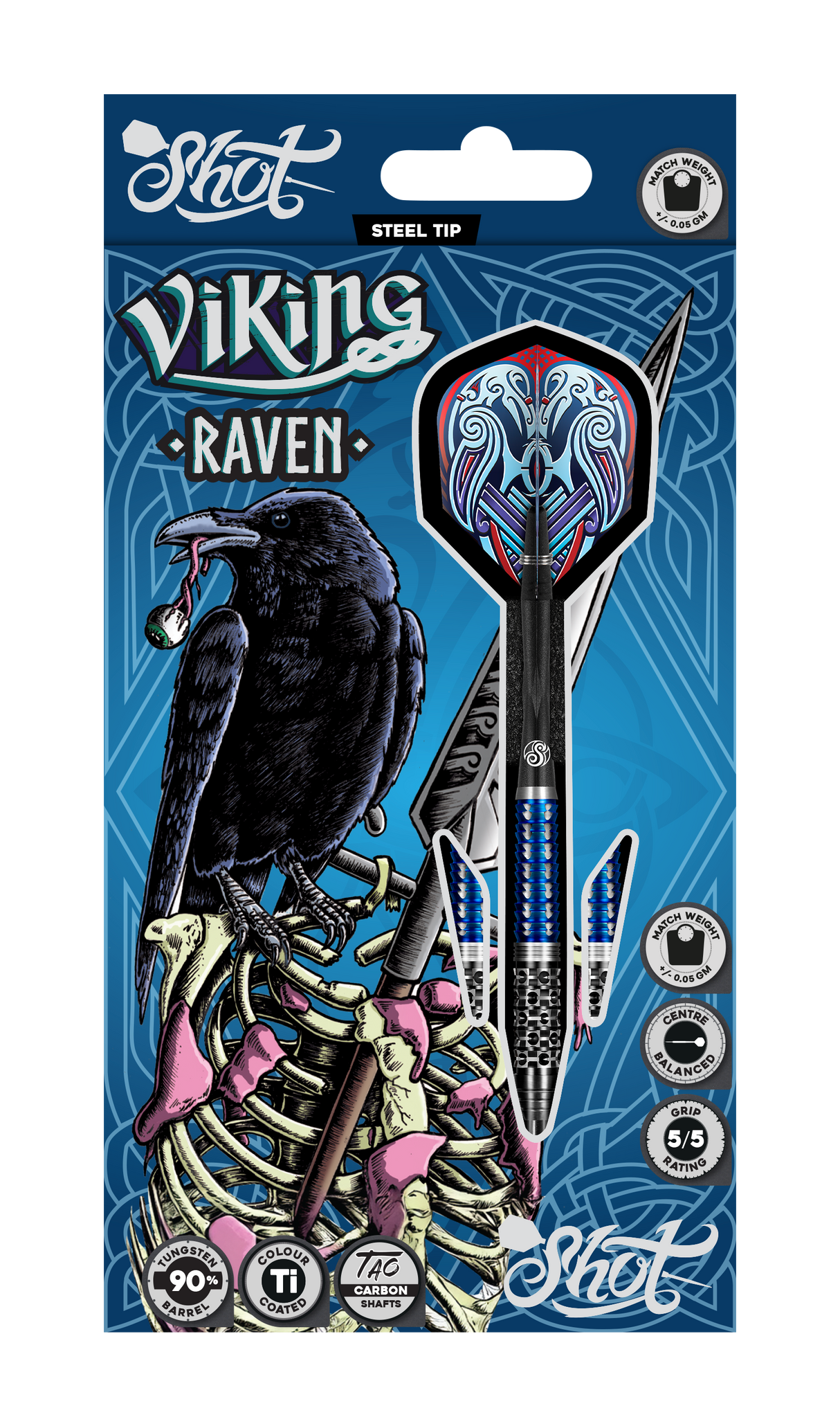 Steel tip tungsten darts in Viking Raven retail packaging, full product view showing blue-grip barrels and Norse-themed flights.