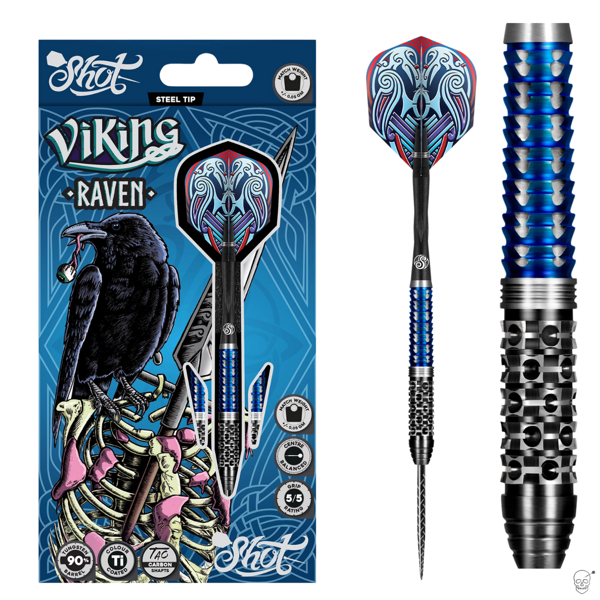 Full product view of Viking Raven 90% tungsten darts in retail packaging with Norse-themed flights and close-up of blue precision grip barrel