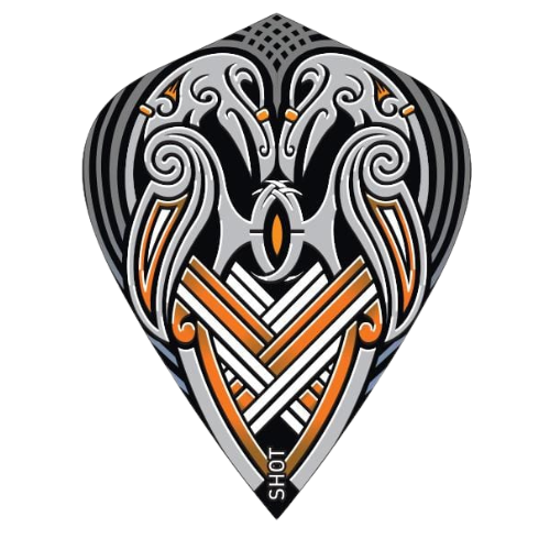 Close-up kite-shaped dart flight with Viking raven tribal design in black, silver, and orange, isolated on white background