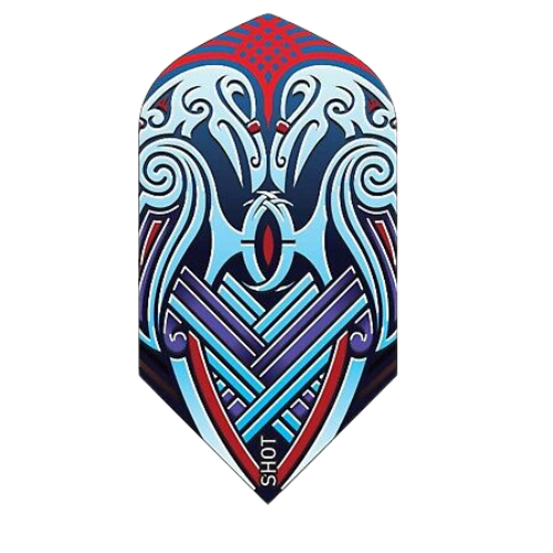 Close-up of Viking Raven blue slim dart flight with intricate tribal artwork, isolated on white background