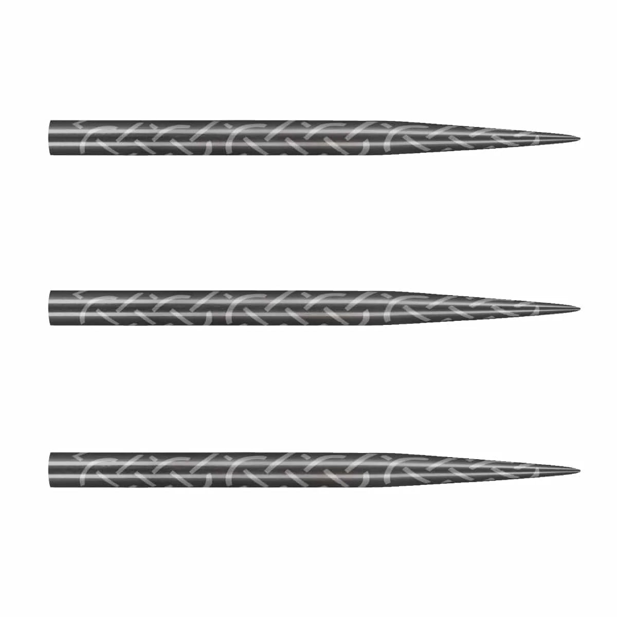 Three steel tip dart points side by side on white background featuring superfine cinder grip engraving for enhanced dart control