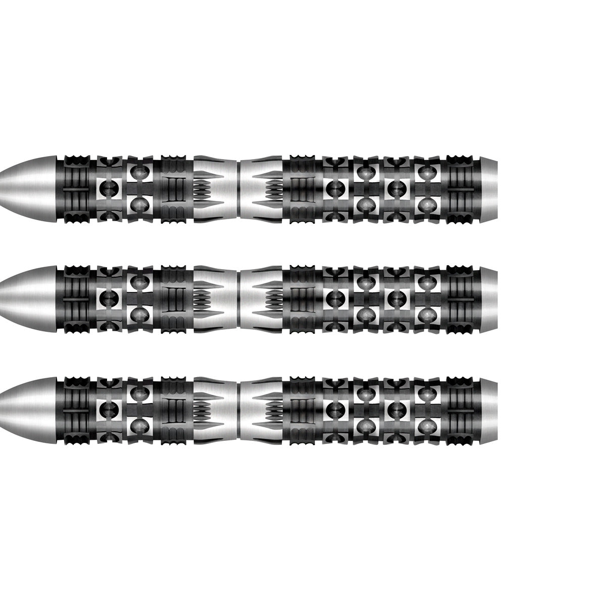Three 90% tungsten dart barrels displayed side by side on white, showing precision grip patterns and geometric knurled detailing for enhanced control