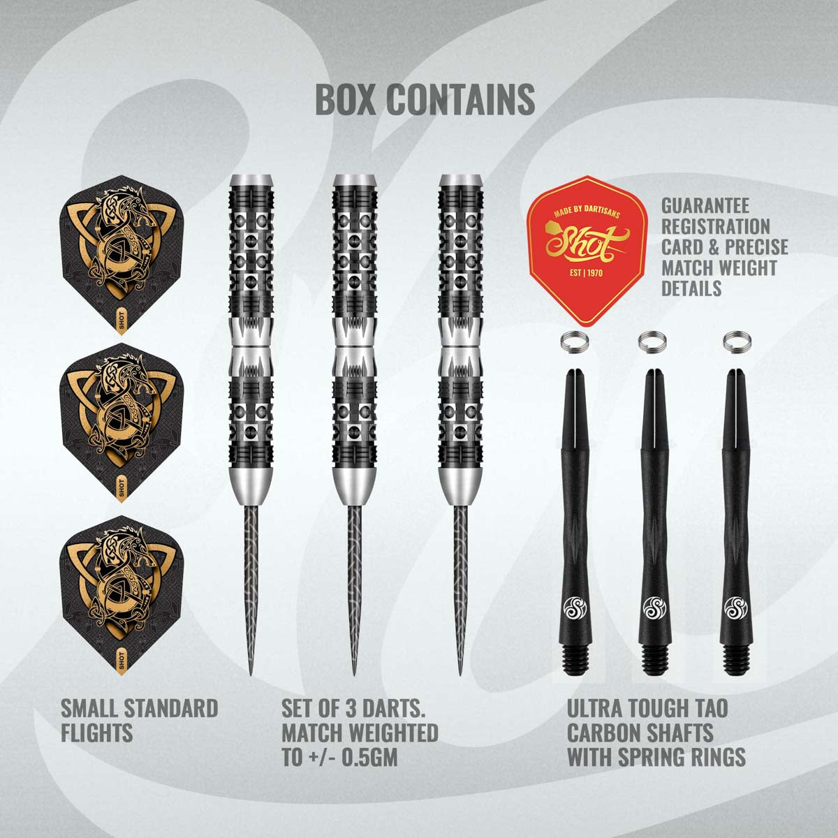 Flat lay of tungsten darts set with three steel tip darts, Viking wolf flights, carbon shafts, and accessories on light background