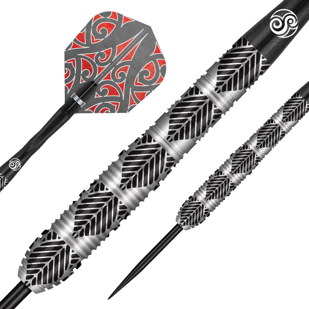 Close-up macro of 90% tungsten darts with intricate black tribal barrel grip and red patterned flights, isolated on white background.