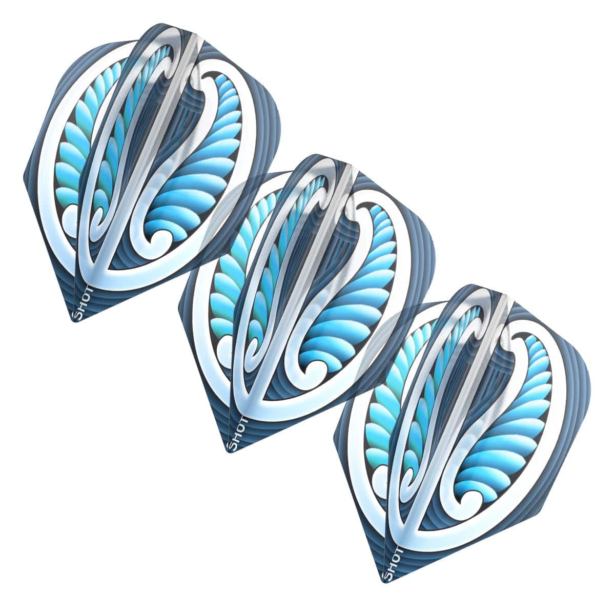 Three standard blue dart flights with intricate feather design, angled and isolated on white for dart accessories display