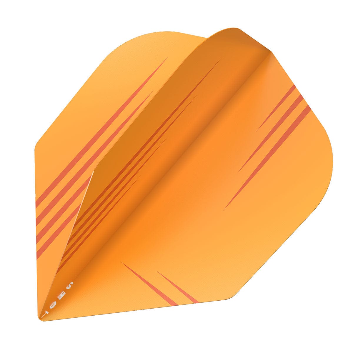 Single orange dart flight angled close-up, showing aerodynamic striped design and sturdy 100 micron construction on white background