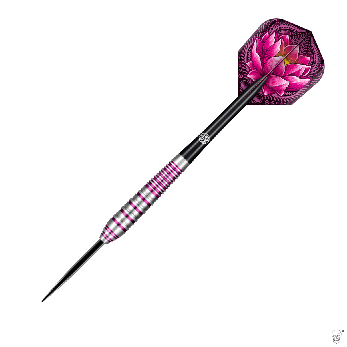 80% tungsten dart full view on white, highlighting pink grip rings and lotus flower flight, premium steel tip darts equipment