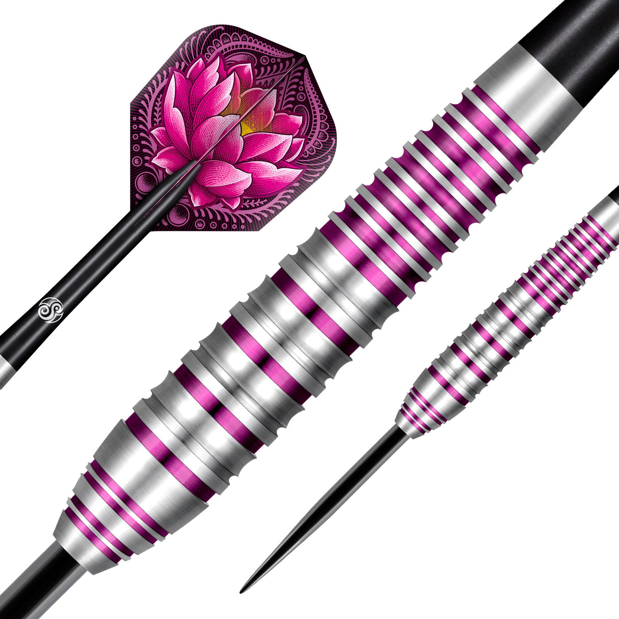 Macro close-up of 80% tungsten dart barrel with silver-purple rings, detailed grip texture, lotus flight design, and precision tip