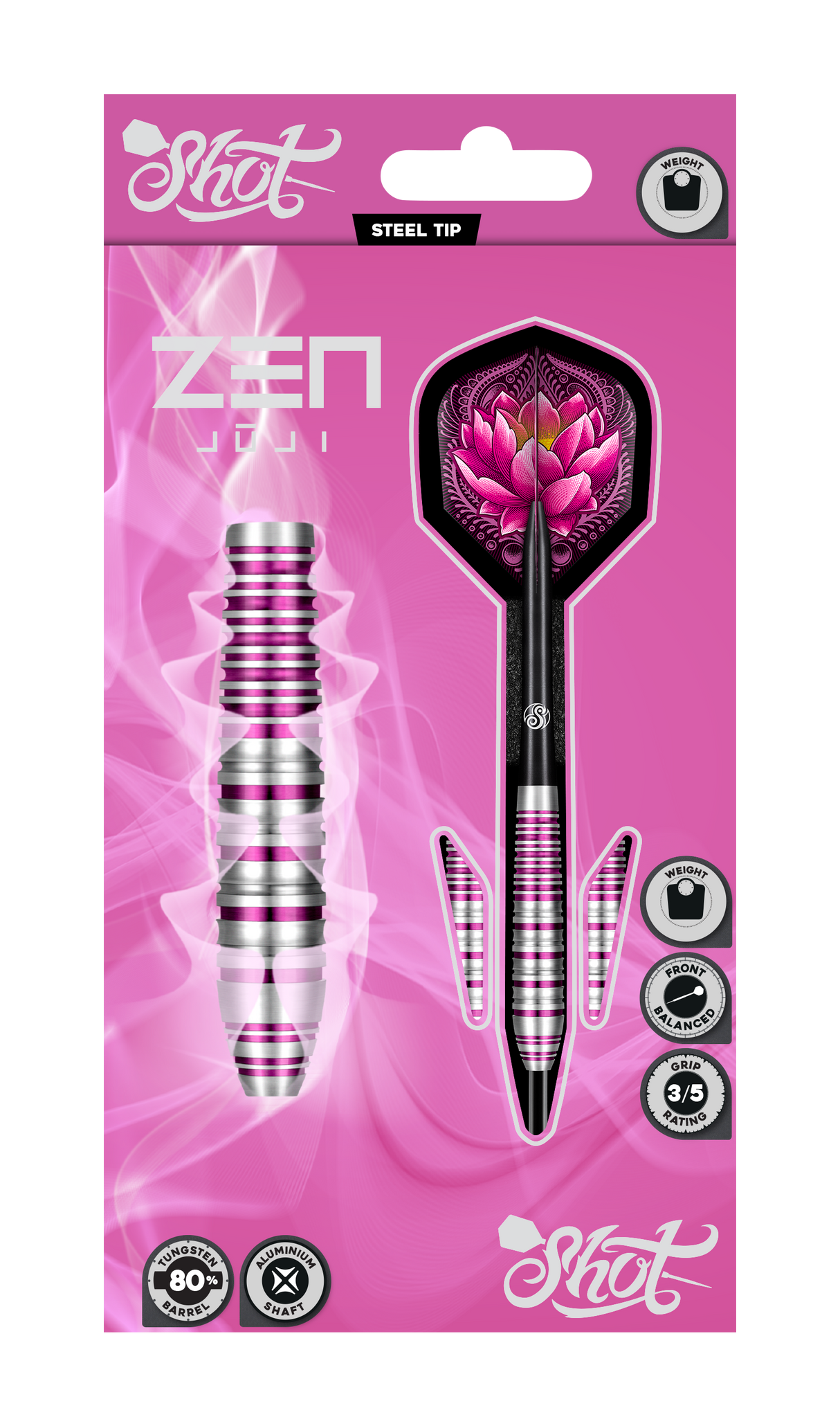 Steel tip tungsten darts in retail packaging, full view highlighting pink grip rings and lotus flights, 80% tungsten, aluminum shaft.