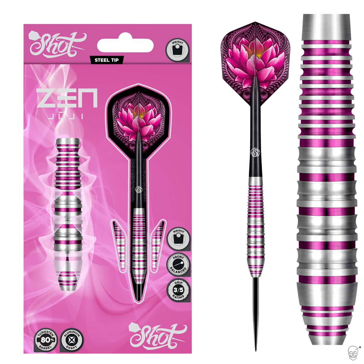 Steel tip tungsten darts in retail packaging, single dart with lotus flight, and close-up of pink-silver grooved barrel