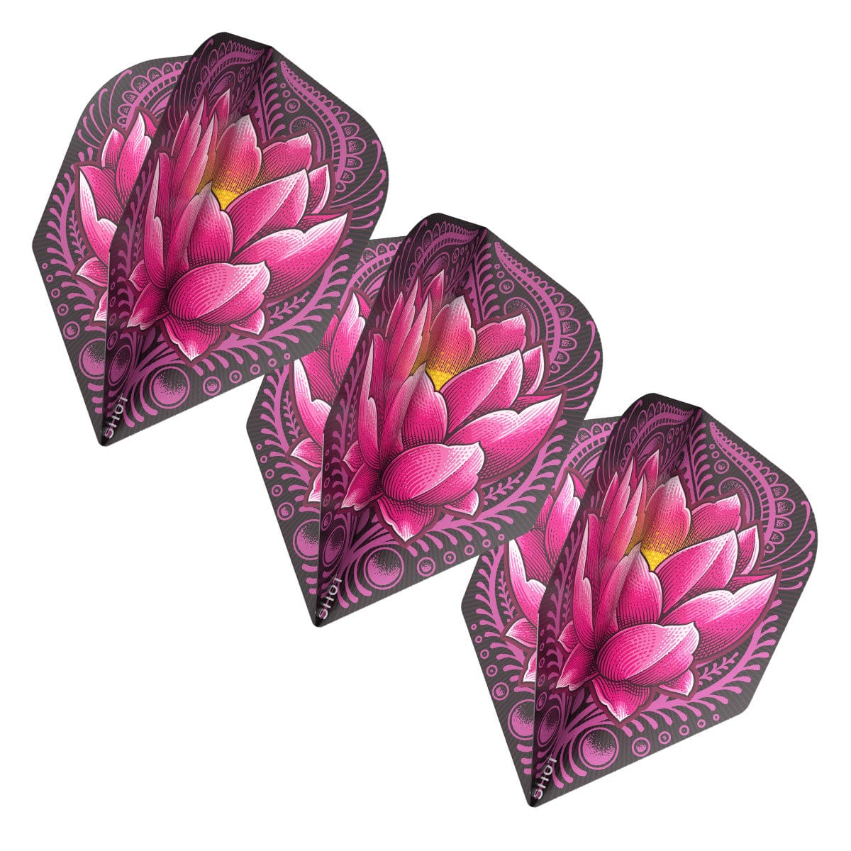 Three Zen Juji No.6 dart flights with pink lotus flower artwork, arranged side by side on white background for dart accessories