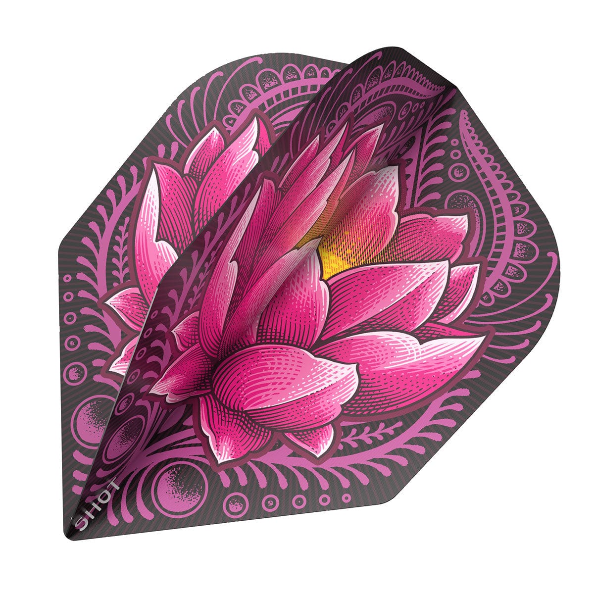 Angled close-up of single Zen Juji No.6 dart flight with intricate pink lotus flower pattern, 100 micron, isolated on white background