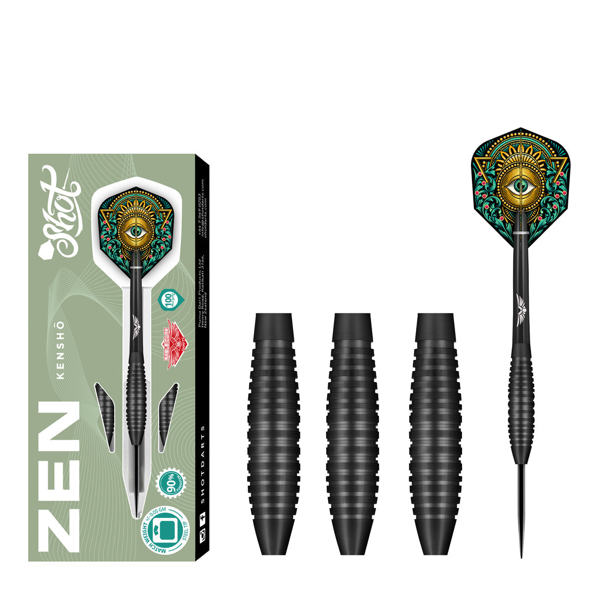 Full view 90% tungsten darts set with decorative flights, three spare knurled barrels, and retail box on white background