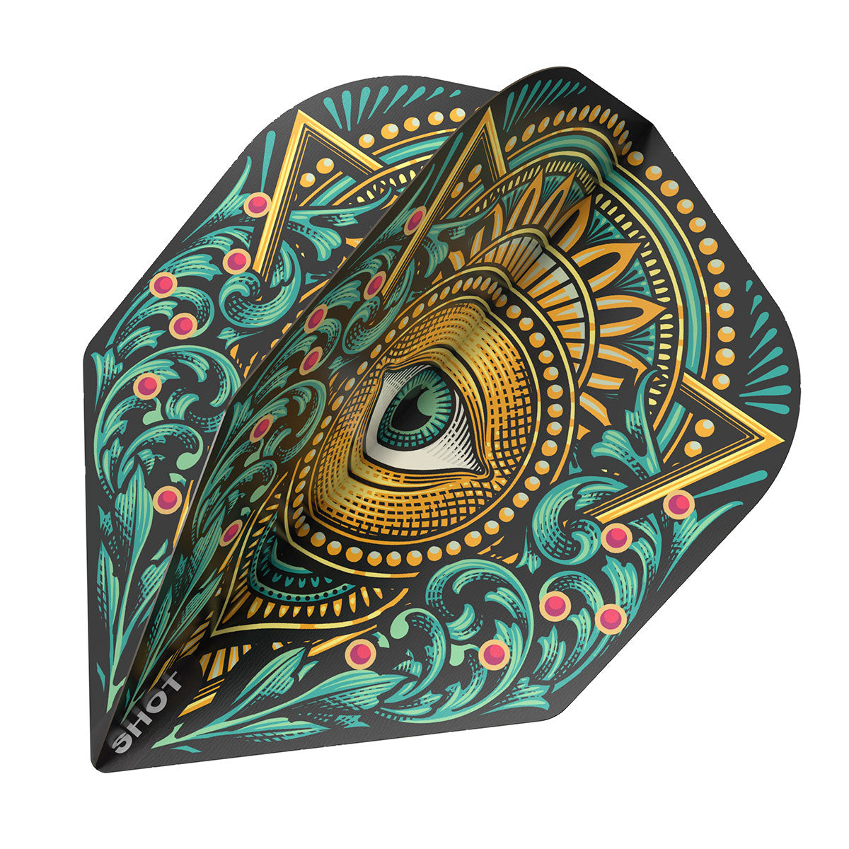 Angled close-up of Zen Kensho No.6 dart flight with intricate eye design, bold gold and teal patterns, isolated on white background