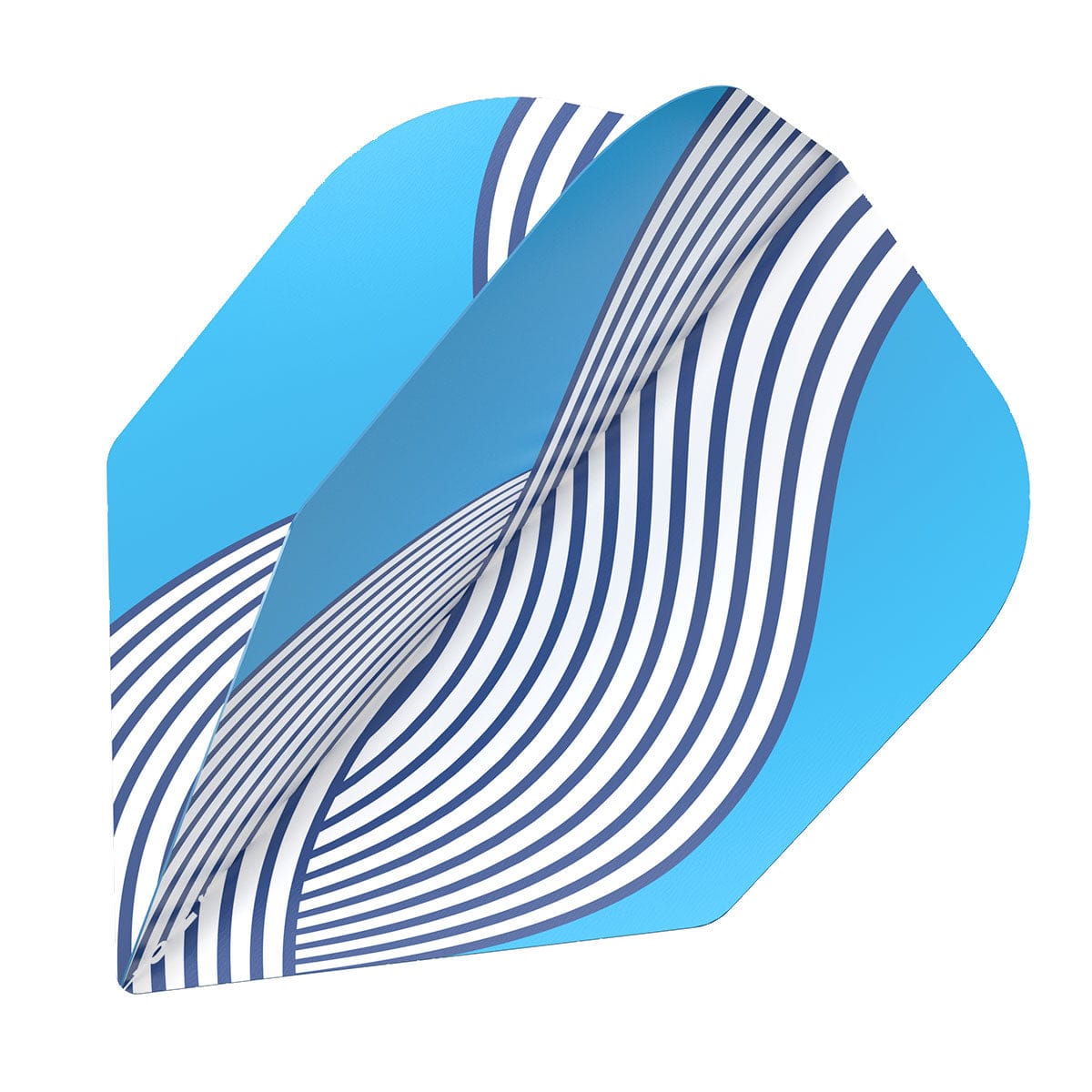 Angled close-up of three Zen Roshi No.6 dart flights stacked, showing blue and white curved pattern, 100 micron thickness, isolated on white