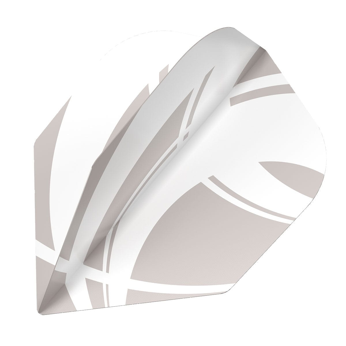 Close-up angled view of a single No.6 dart flight with geometric pattern, highlighting 100 micron thickness and sturdy dart flight design