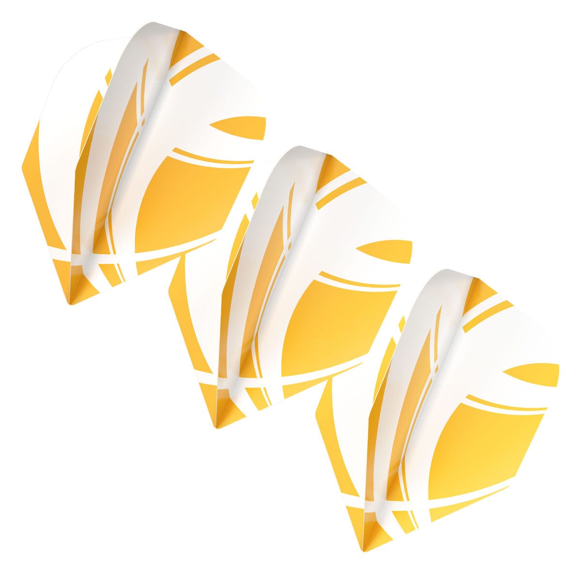 Three Zen Tanto No.6 dart flights angled side by side, yellow geometric pattern, 100 micron, isolated on white background