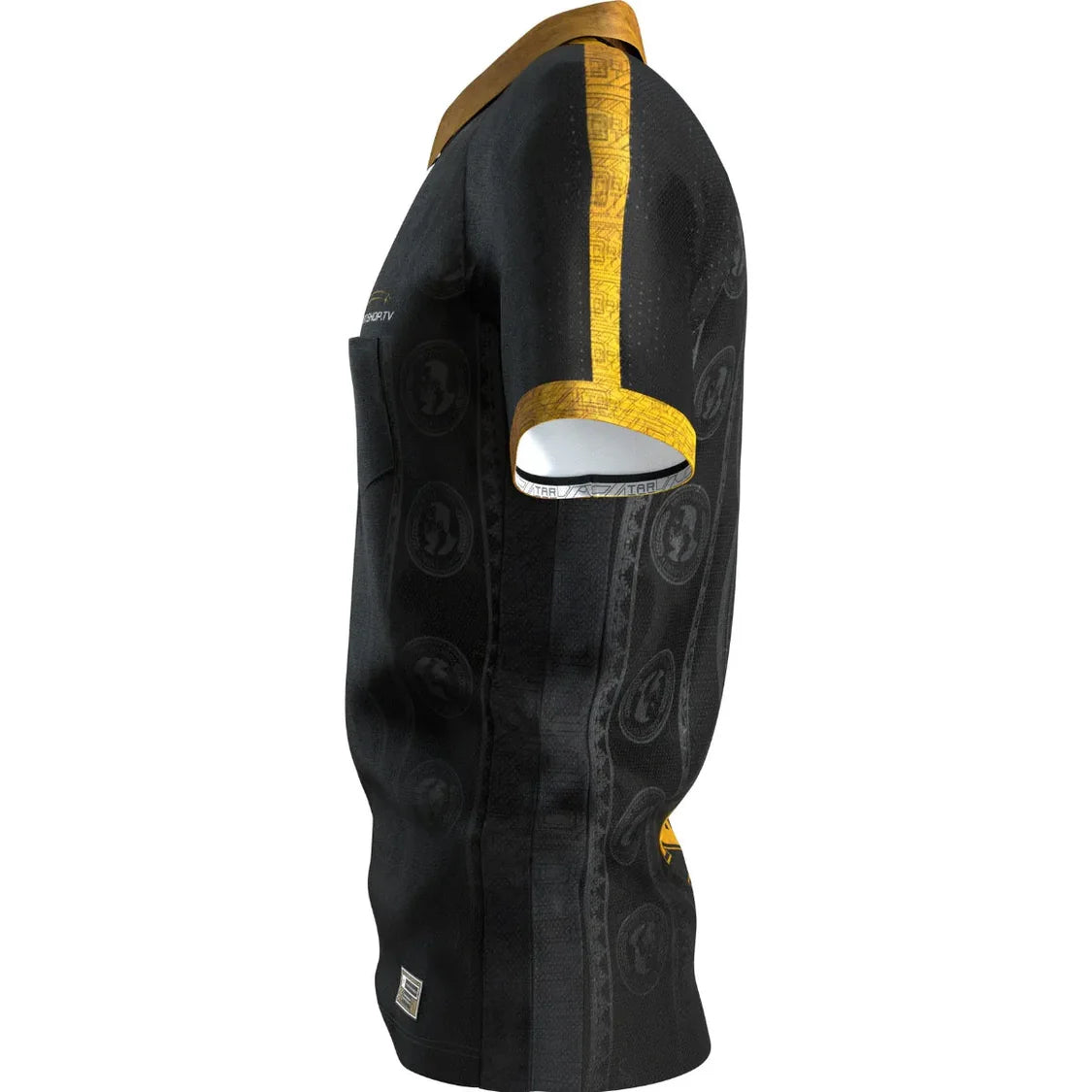Angled side view dart shirt with gold collar and sleeve trim, featuring black fabric and subtle graphic patterns for darts players
