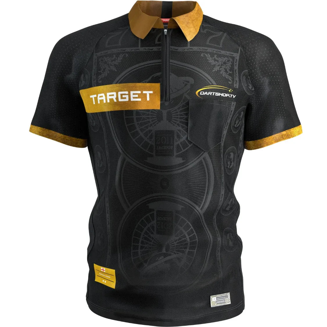 Front view of Adrian Lewis 2025 dart shirt, black with gold accents, dartboard pattern, sponsor logos, isolated on white