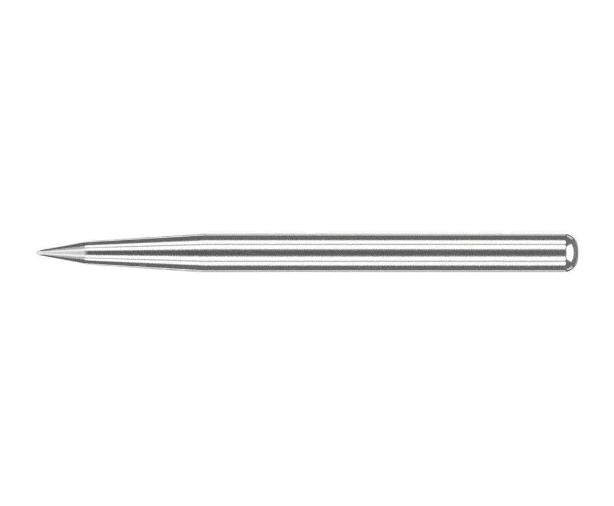 Single 90% tungsten dart barrel in horizontal full view, isolated on white, smooth precision-machined for dart players