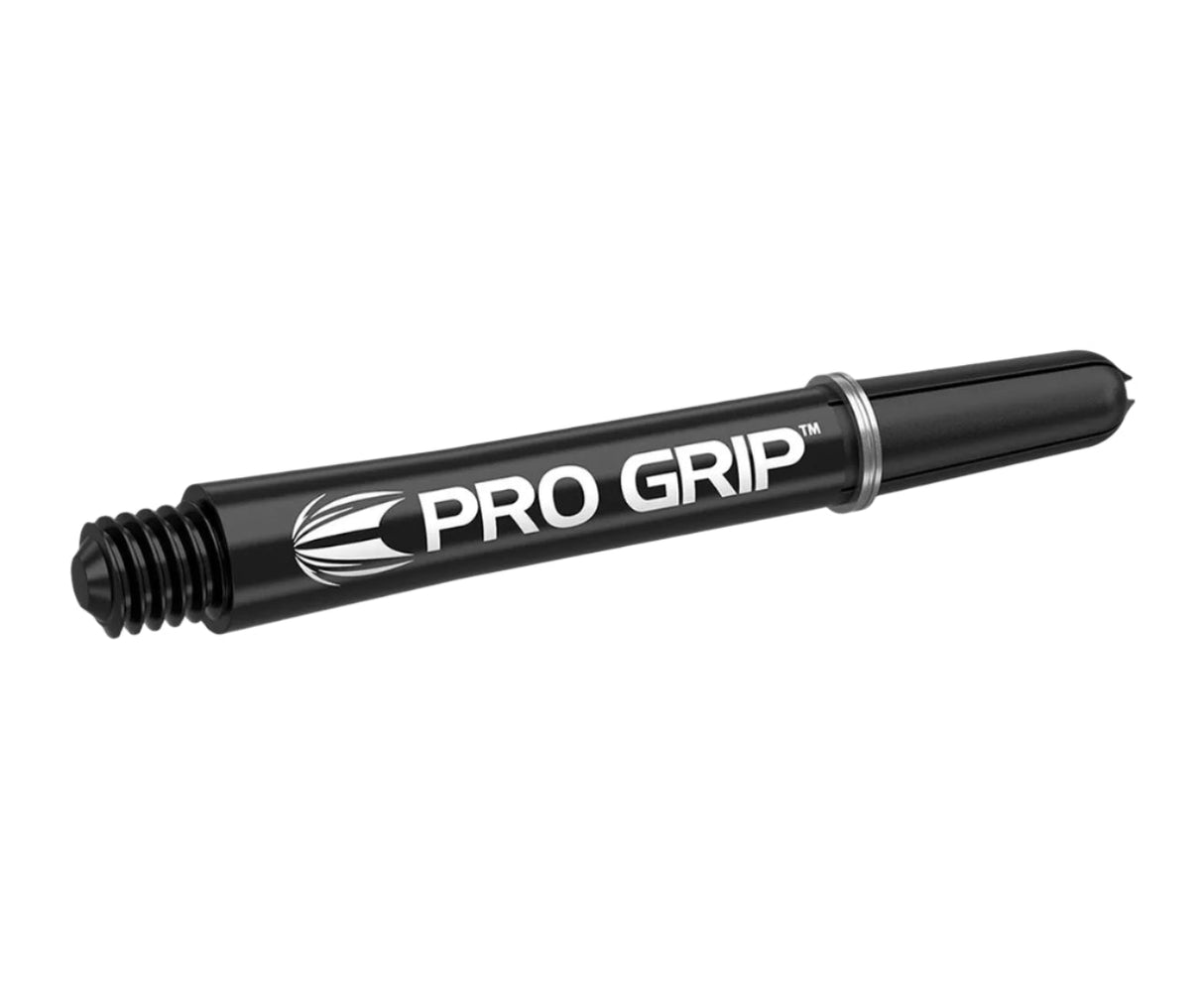 Black Pro Grip dart shaft close-up showing threaded end and stem details, isolated on white for dart accessory buyers