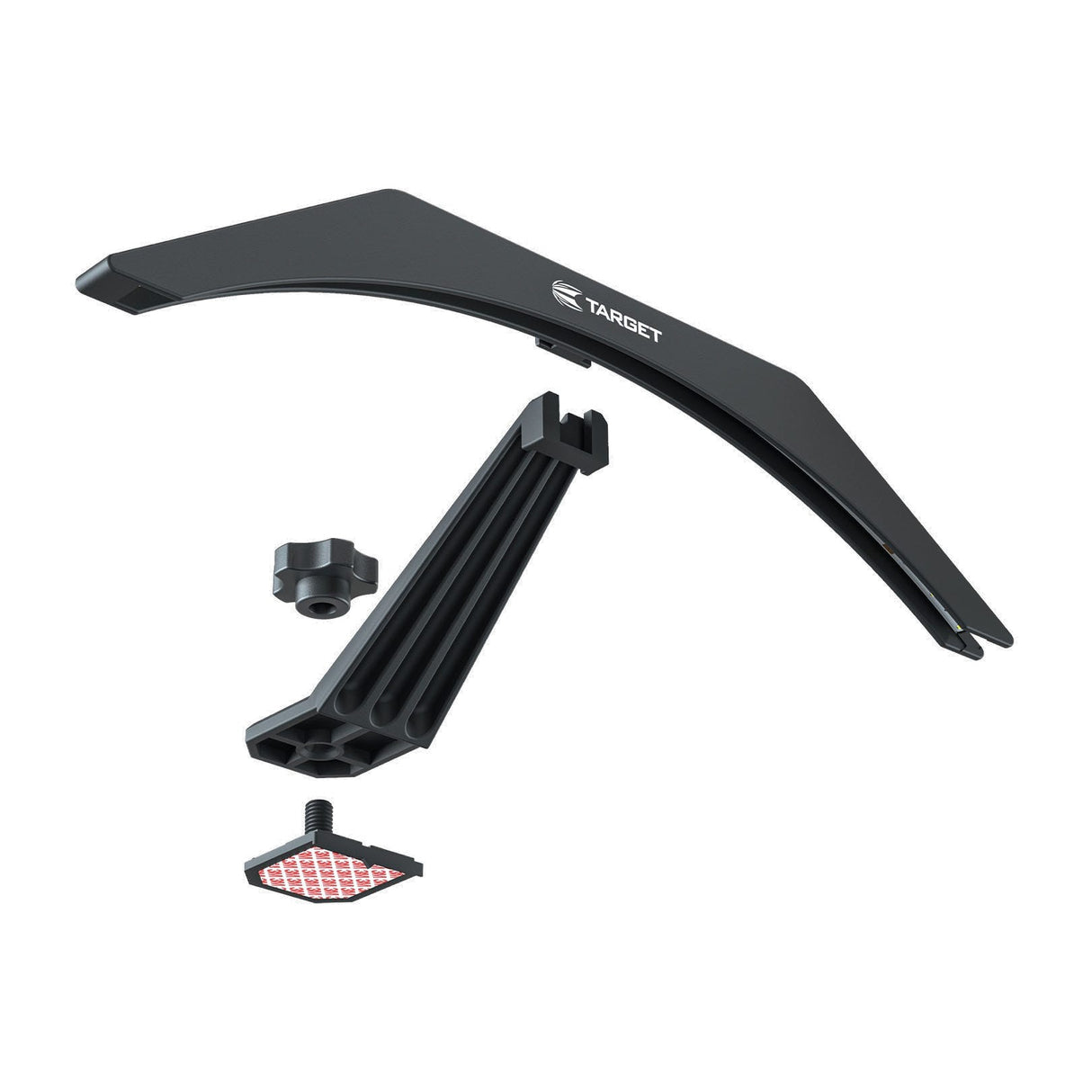 Arc Cabinet Light shown with the support arm, bolt screw and 3M adhesive base mount separated
