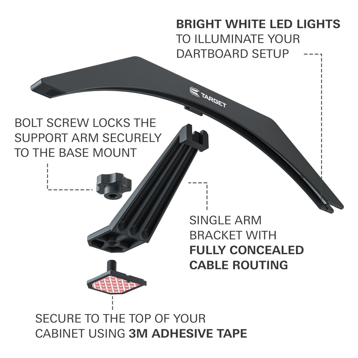 Arc Cabinet Light features - bright white LEDs, bolt screw locking arm, concealed cable routing and 3M adhesive mount