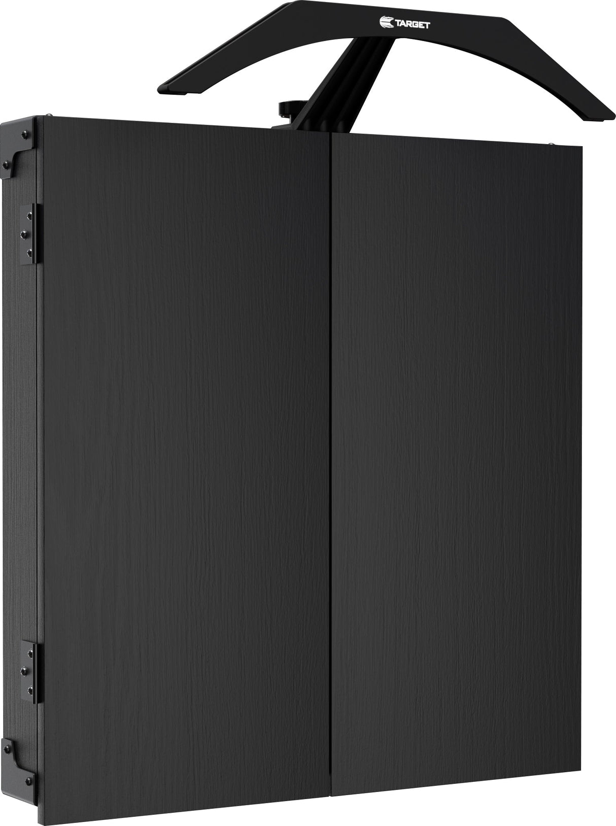 Closed black dartboard cabinet with mounted arc lighting system, angled view, ideal for home darts setup
