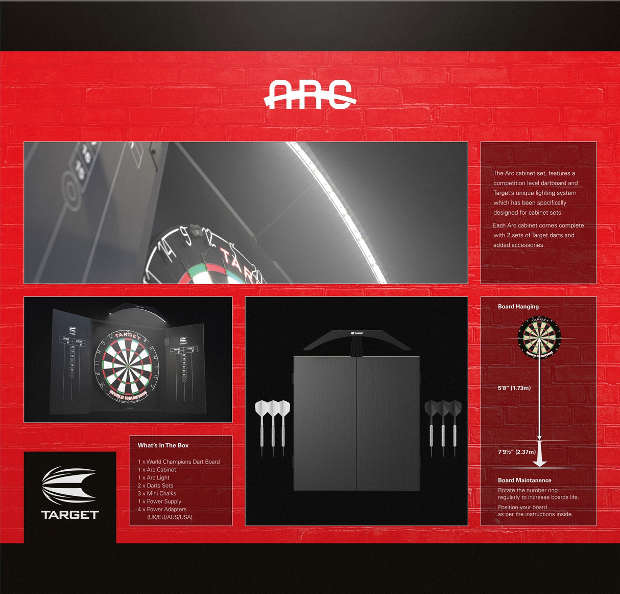 Dartboard cabinet set collage showing close-up of LED lighting, open and closed cabinet with darts, setup dimensions, and accessories included