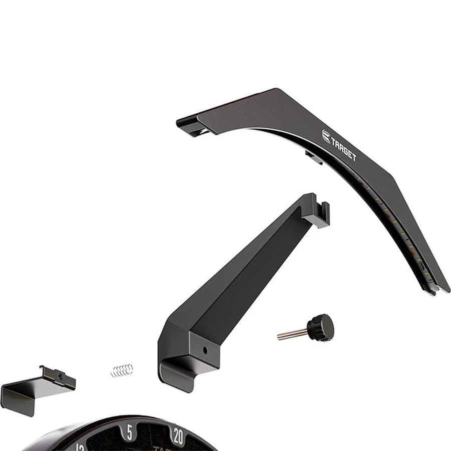 Exploded view of dartboard light kit with mounting parts, bracket, screw and arc LED bar, isolated on white background