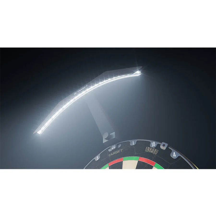 Arc dartboard LED light angled above dartboard with bright illumination highlighting scoring area for optimal visibility