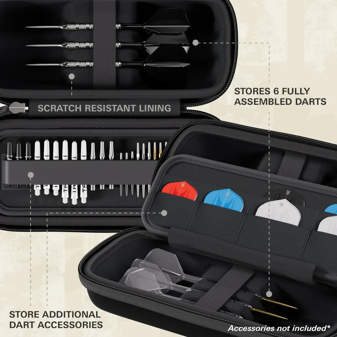 Top-down view of BOA darts case open, displaying storage for six assembled darts, dart flights, tips, and scratch-resistant lining.