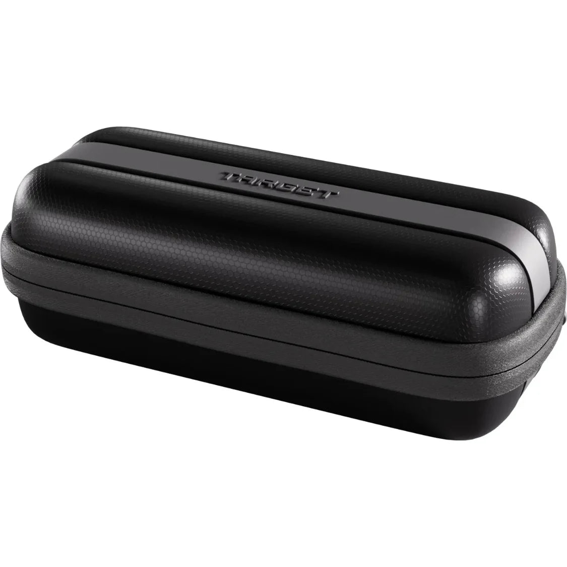 Angled view of a single sleek black darts case with textured finish, closed and isolated on white background