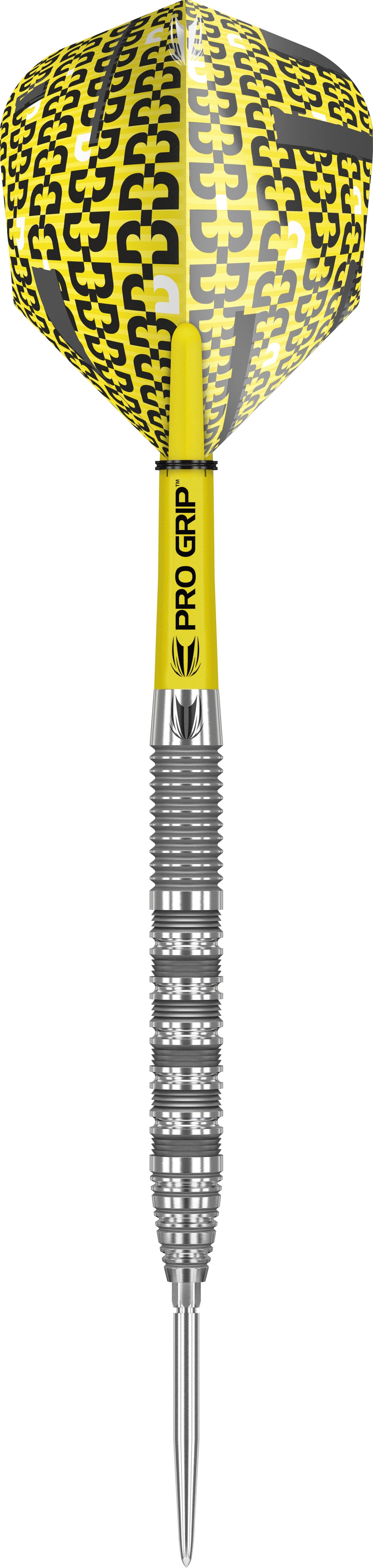 Full view tungsten dart with yellow barrel grip, Pro Grip shaft, and patterned yellow flight on white background